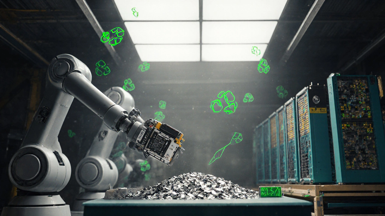 Recyklace baterie Tesla v technologickém zařízení s roboty a recyklovanými materiály.