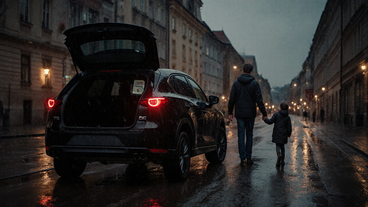 Rodina stojí u Mazda CX-5 v dešti, brzdy svítí, kapalina v kapacitě je vidět jako symbol bezpečí.