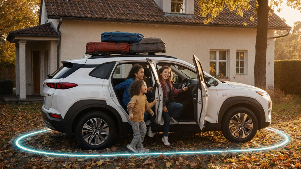 Rodina vychází z Hyundai Creta před domem v podzimním krajině.