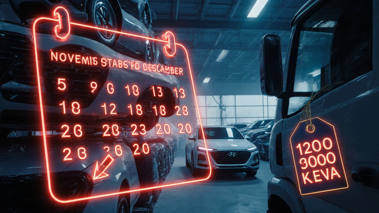 Sklad aut Hyundai s označenými měsíci listopadu a prosince jako obdobím největších slev.