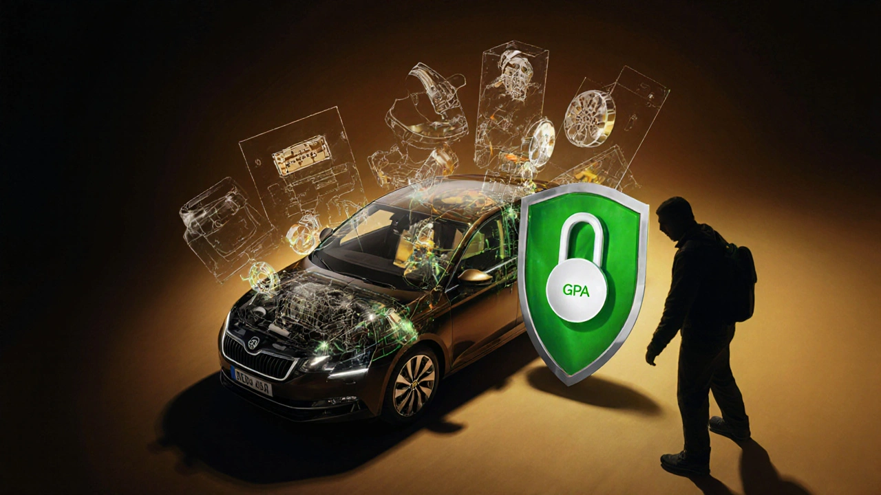 Škoda Octavia s rozloženými díly směřujícími do zahraničí a ochrannými prvky.