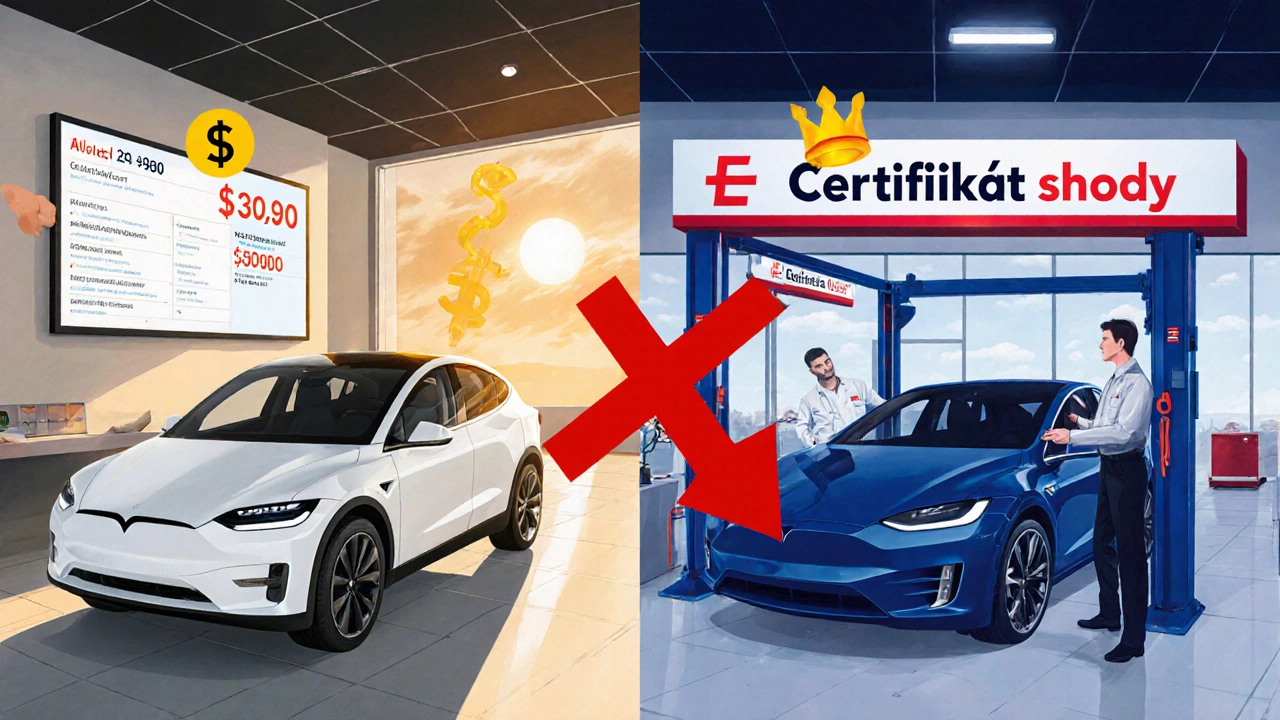 Split scene: Tesla Model Y in U.S. dealership vs. Czech service center.