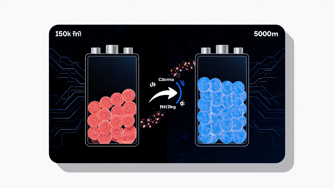 Split-screen of degraded vs new Tesla battery with recycling elements