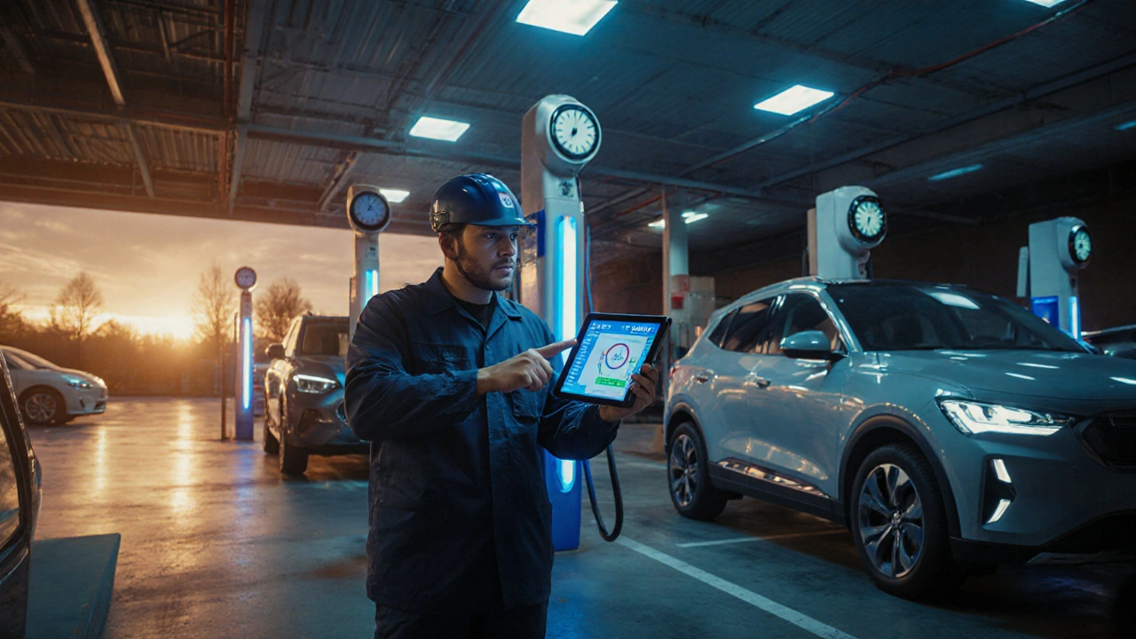 Technik kontroluje baterii elektrického auta ve večerní hodině v soukromé stanici STK.