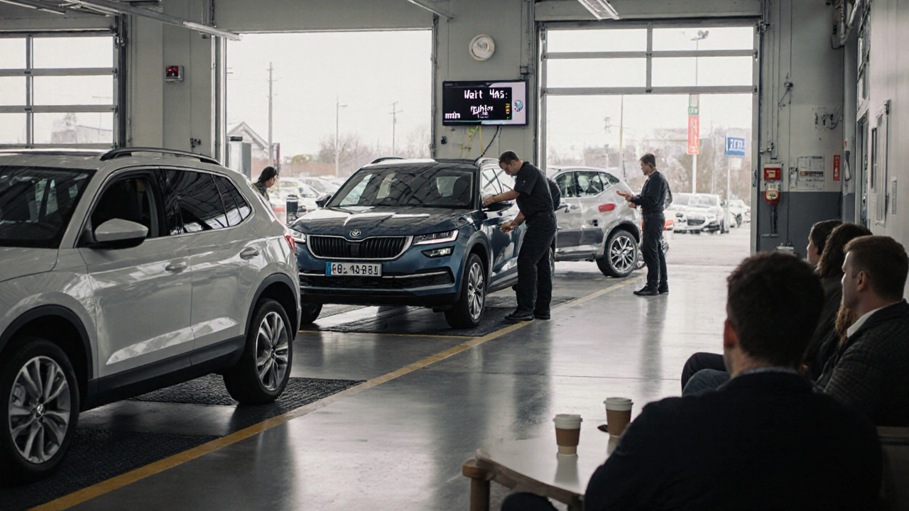Tři auta čekají v servisu Škody, technik provádí kontrolu.