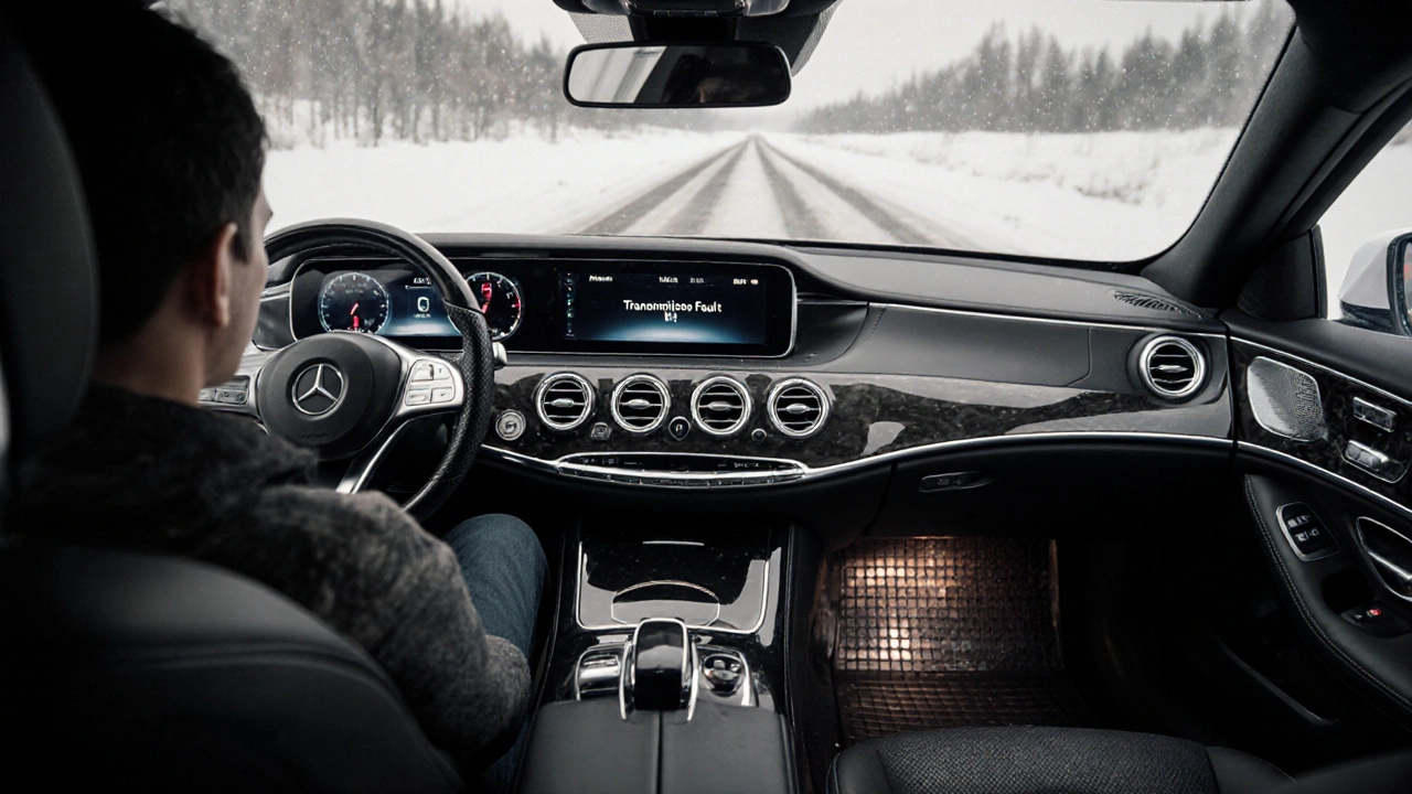 Vnitřek Mercedesu S-Class s varováním převodovky, cestující na zadním sedadle, kovová deska pod koly.