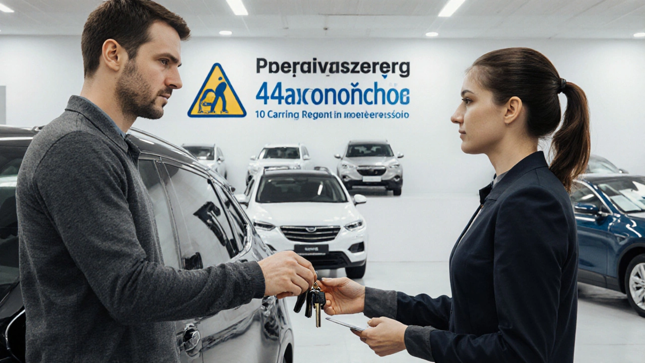 Zákazník přebírá náhradní vozidlo v autosalónu v Česku, za ním jsou vidět další půjčovací auta.