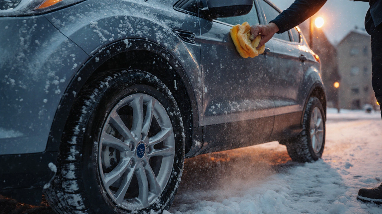 Zimní mytí auta Ford Kuga s odsolováním podvozku a aplikací ochranného vosku.