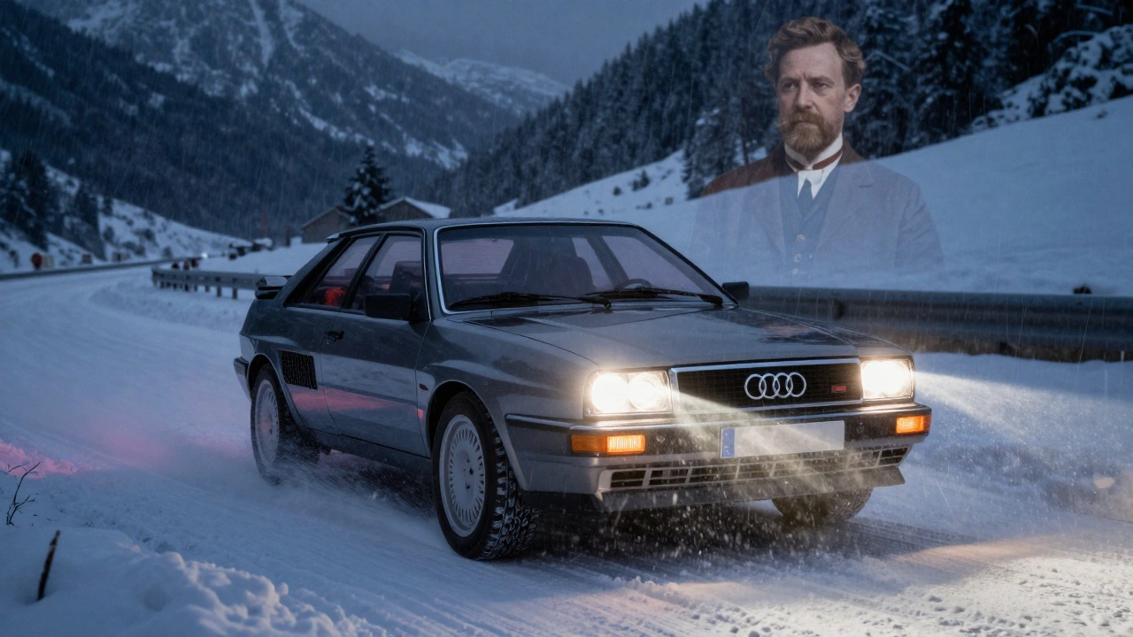 A modern Audi Quattro racing through snow at night, its logo glowing as a ghostly image of August Horch watches in reflection.
