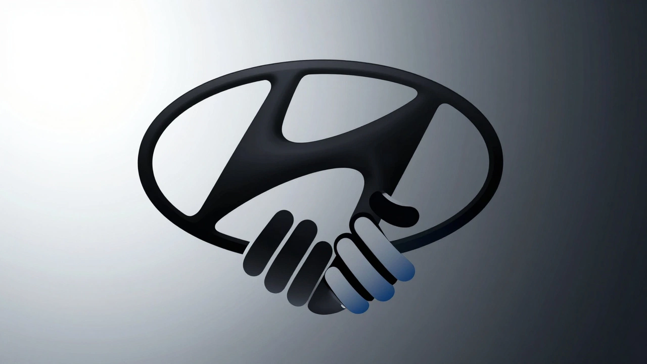 Abstraktní znázornění písmene H jako dvou rukou, které se objímají, v černé a modré barvě.