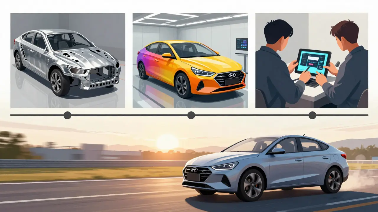 Auto Hyundai postupně prochází fázemi výroby: svařování, lakování a montáž.