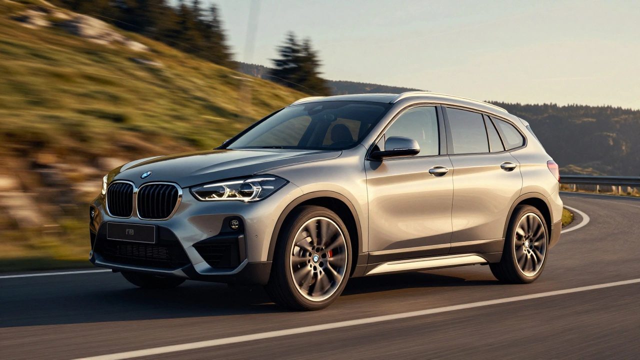 BMW X1 M Sport na závitové silnici v České republice při záři západu.