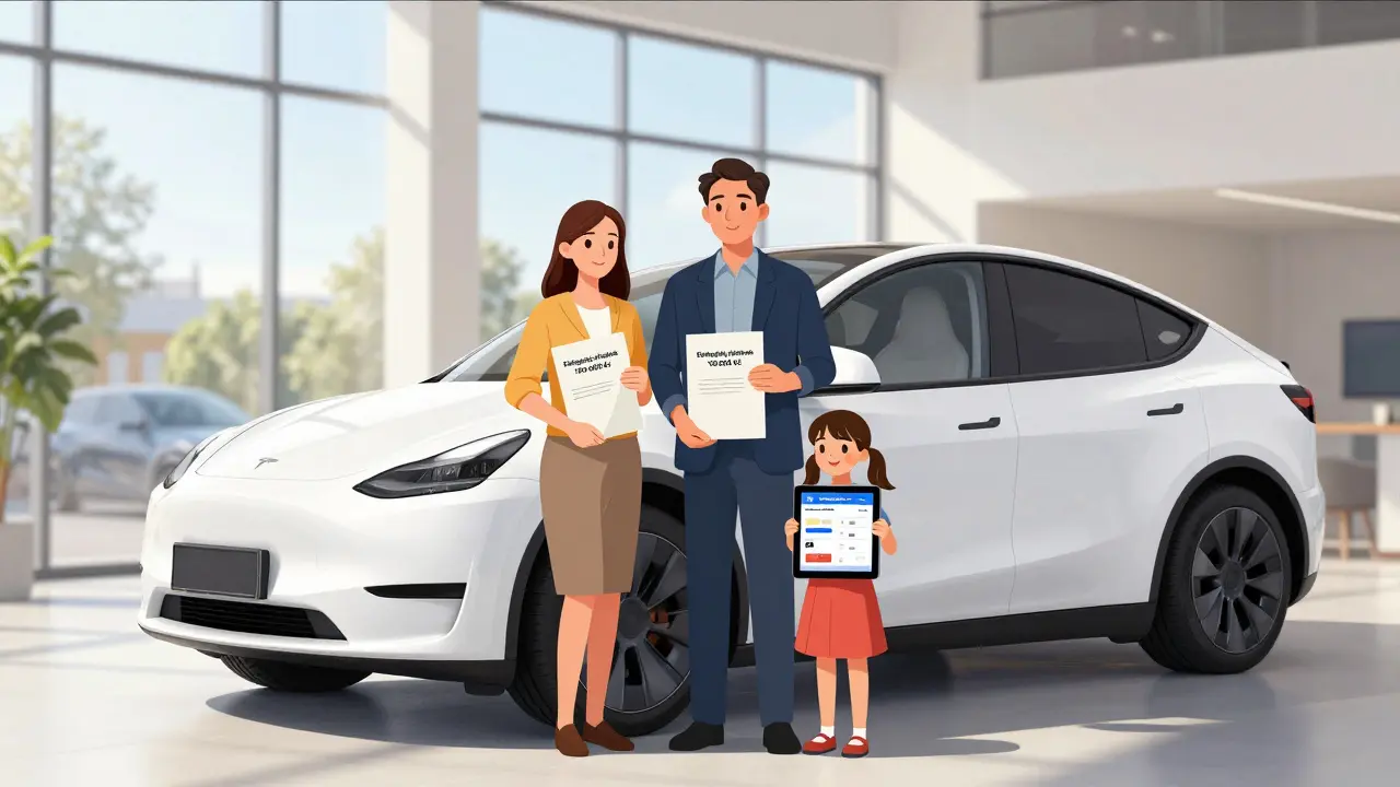 Česká rodina u nové Tesly v showromu s dokumenty o ekologickém příspěvku.