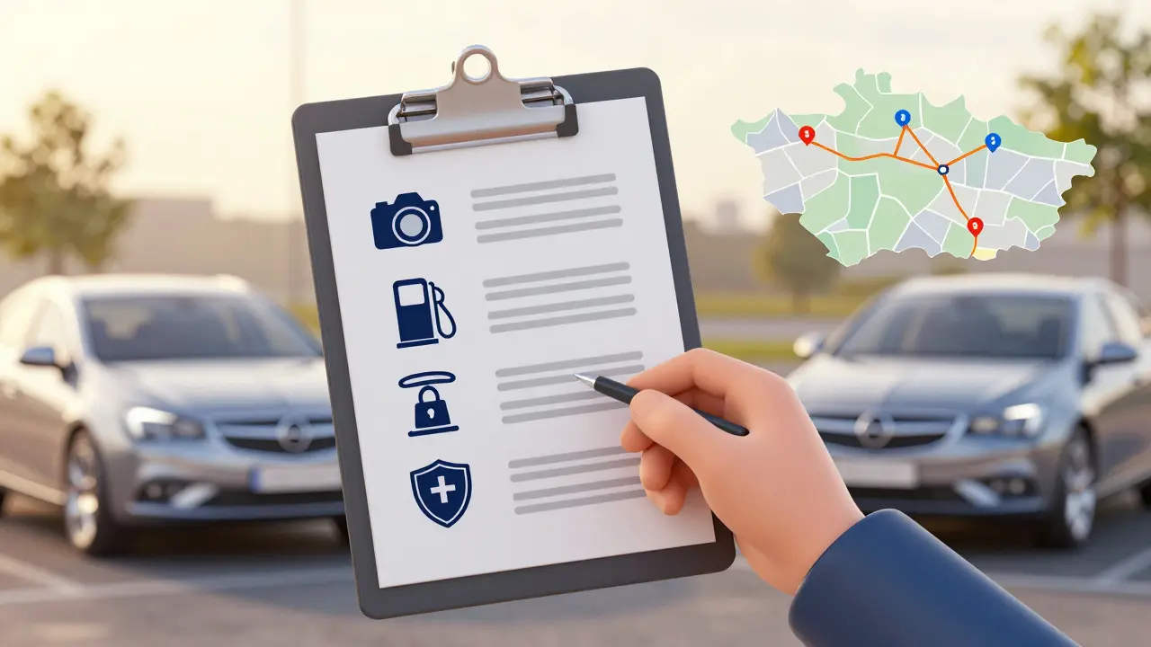 Checklist with icons for safe car transport, featuring Opel models and Czech routes.