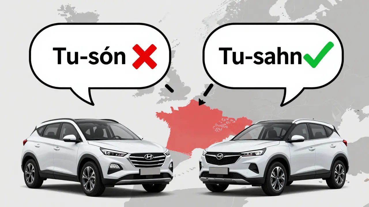 Dva automobily s různými výslovnostmi názvu, jedna správná, jedna špatná.