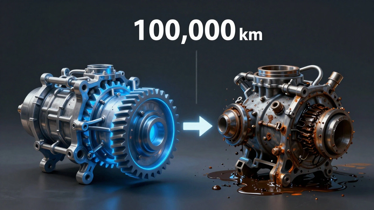 Dvě cesty převodovky: jedna zdravá s čistým olejem, druhá poškozená s špínou a poškozenými součástmi.
