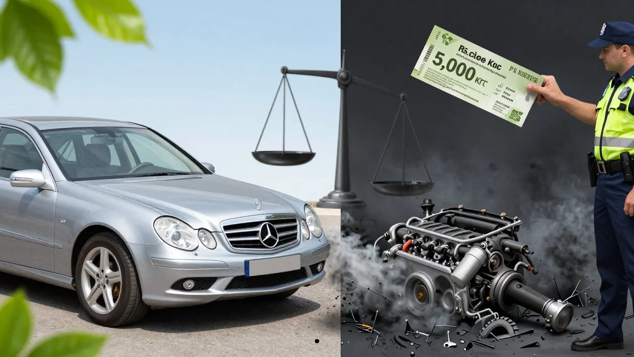 Dvoučelný Mercedes: čistá strana s listy a špinavá strana s černým kouřem, nad nimi pokuta a váhy odpovědnosti.