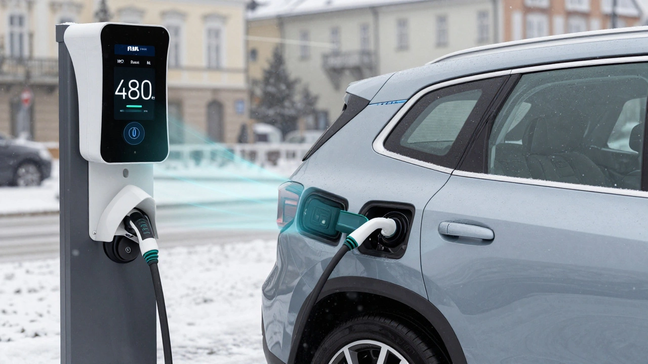 Elektrické BMW iX1 nabíjející se na stanici v Praze při sněžení.