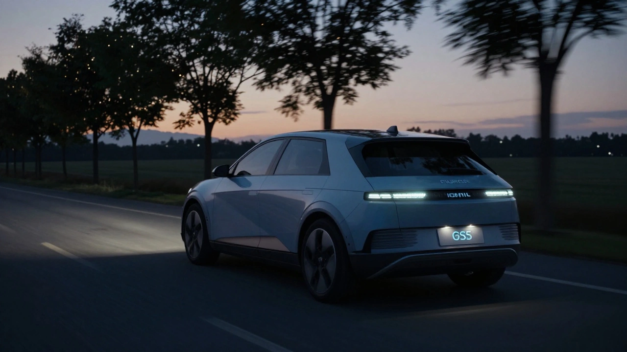 Elektromobil Hyundai Ioniq 5 s blikajícím modrým logo na předním a zadním panelu v soumraku.