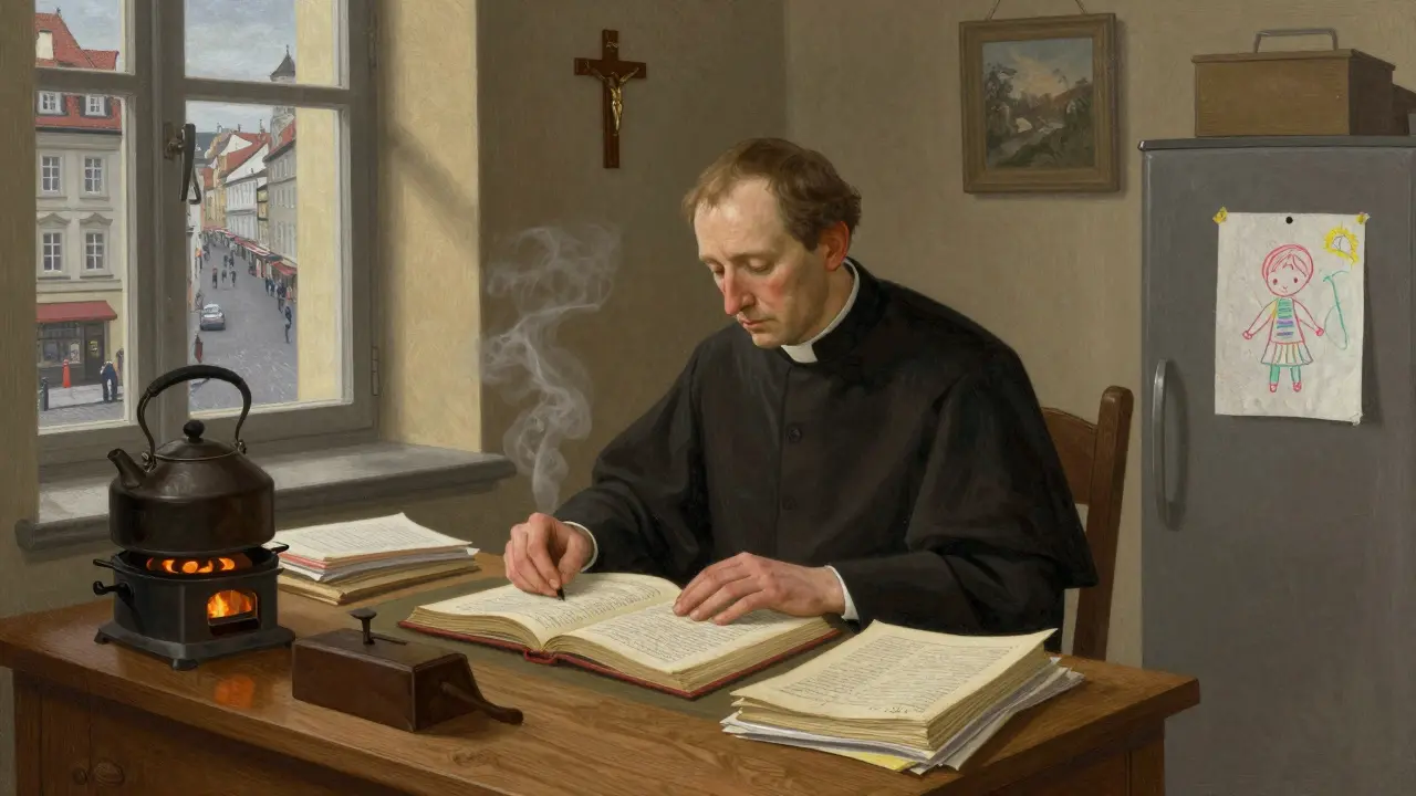 Farář pracuje v kanceláři farního domu v Praze, kolem něj jsou knihy a domácí detaily.