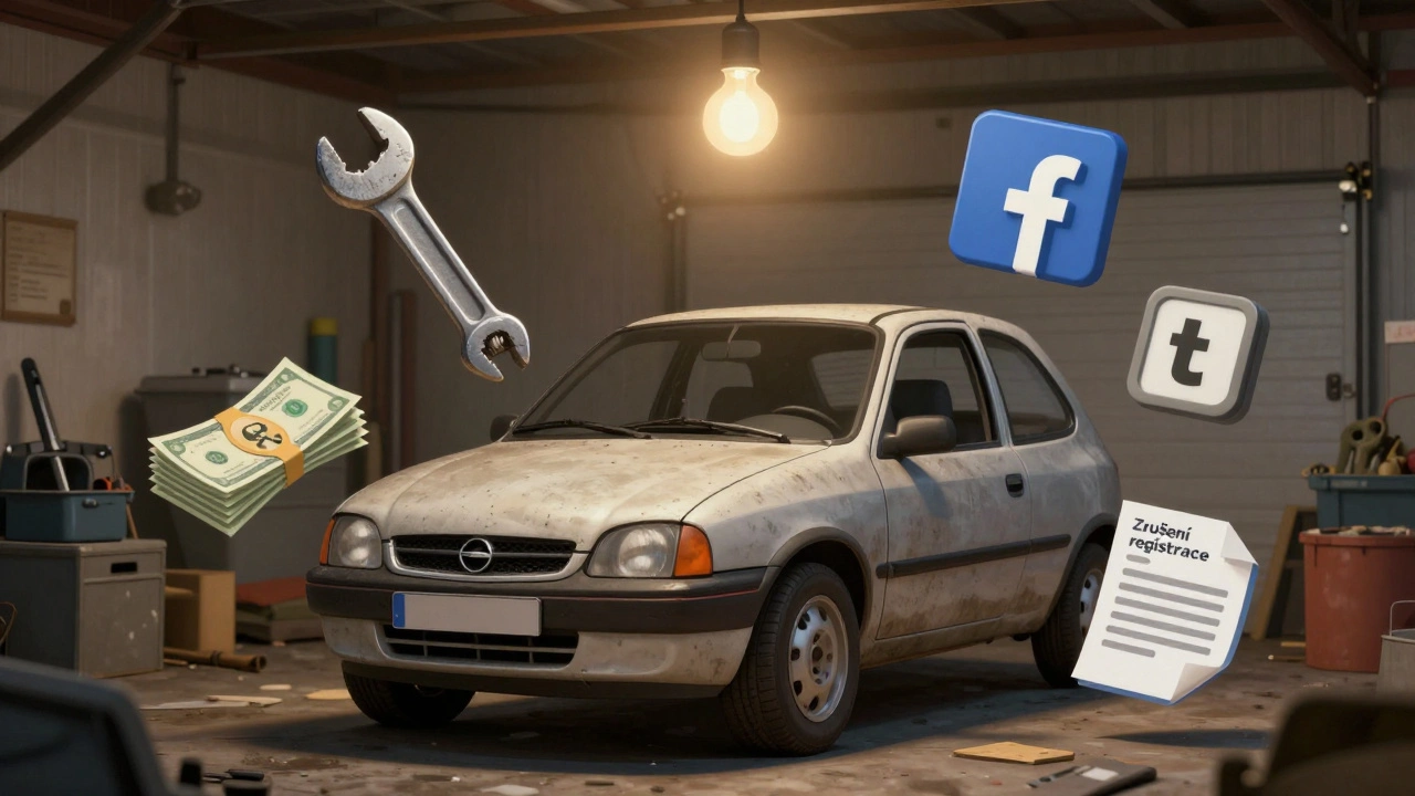 Garáž s Opel Corsa a ikonami možností: oprava, šrot, díly a zrušení registrace.