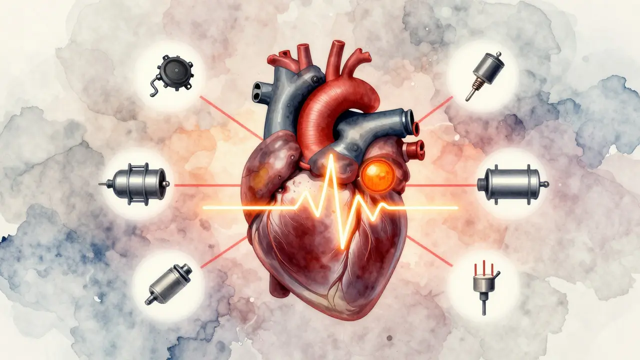 Koncepční obrázek motoru jako srdce s varovnými symboly poruch kolem něj.