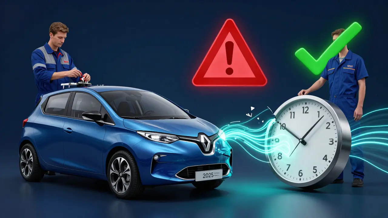 Konceptuální obrázek elektrického Renault Zoe s časem a certifikací pro vysoké napětí v roce 2025.