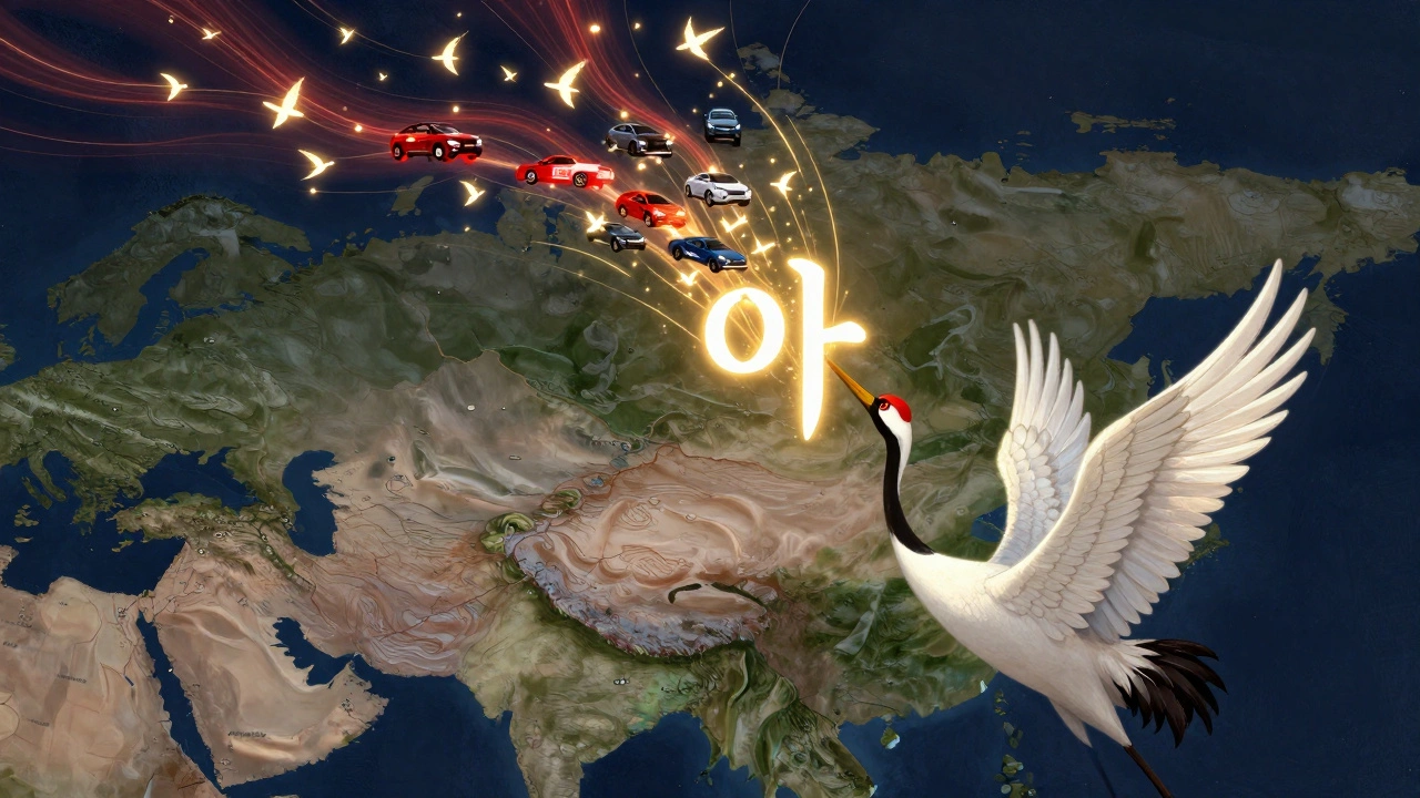 Korejský znak &#039;기&#039; se vznáší z mapy Asie jako symbol vzestupu.