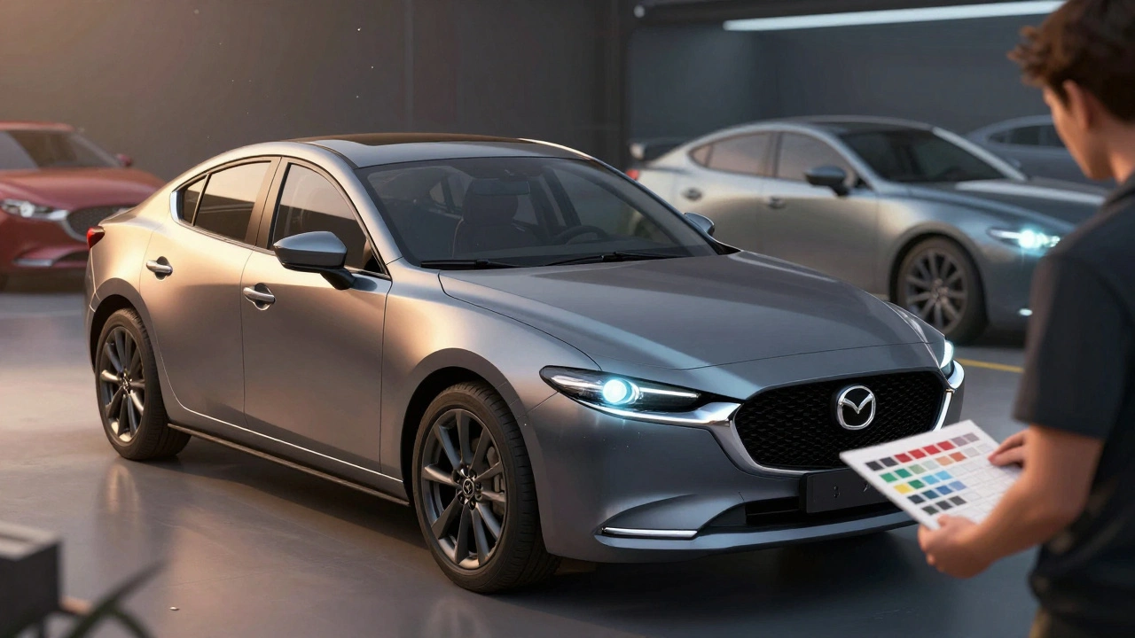 Mazda s Machine Gray barvou pod různým osvětlením ukazující metalický efekt.
