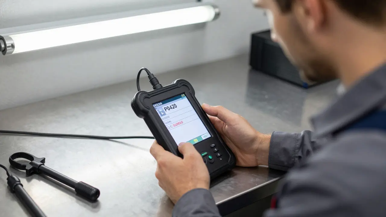 Mechanik připojuje diagnostický přístroj k Škodě, aby přečetl chybový kód motoru.