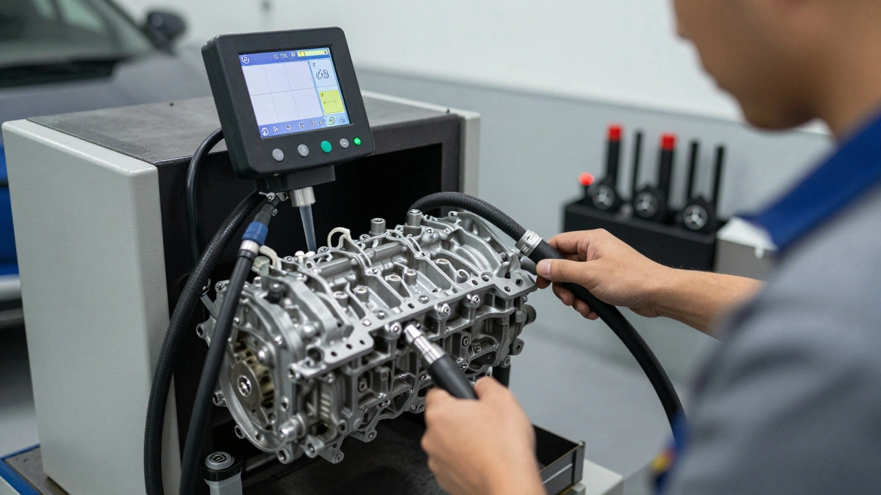 Mechanik provádí výměnu oleje v převodovce Mercedesu pomocí speciálního zařízení.