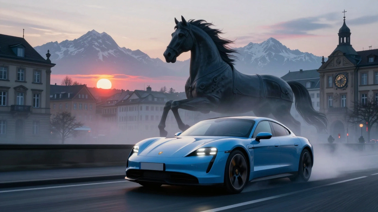 Moderní Porsche Taycan projíždí Stuttgartem, emblém na kapotě září, kůň se mění z historického znaku města.