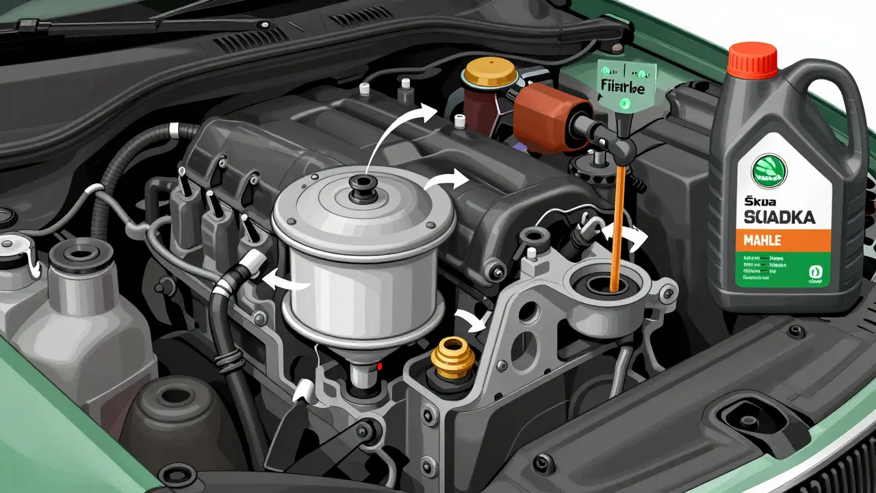 Náčrt motoru Škody s označenými polohami olejového filtru a zátky a hladinou oleje.