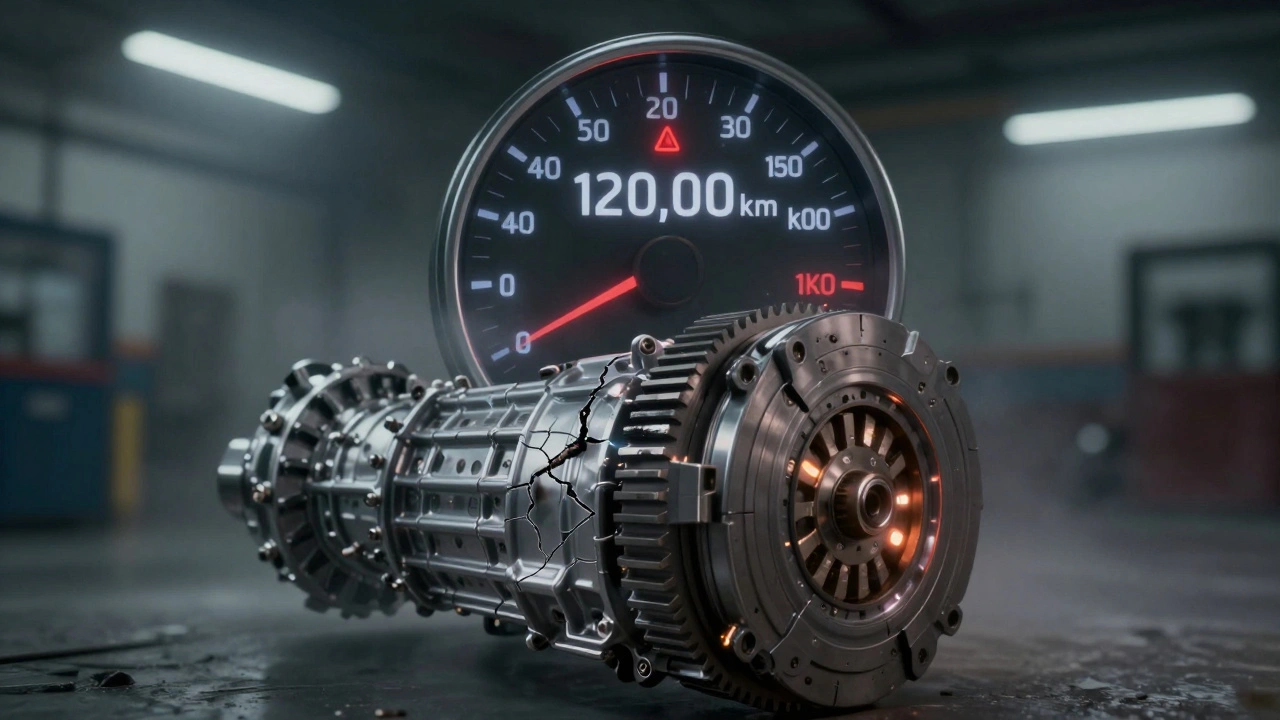 Odometer s 120 000 km a varovným symbolem nad ním, s viditelným poškozením převodovky.