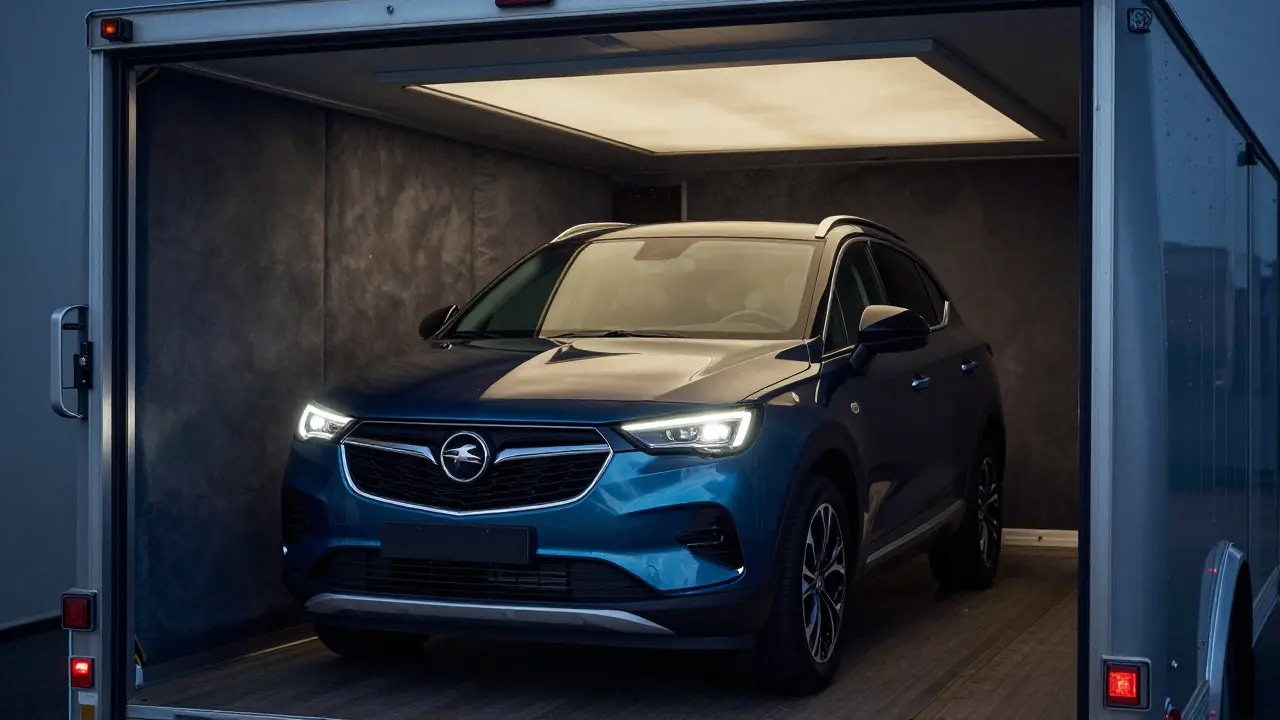 Opel Grandland X safely enclosed in a protective trailer with pristine paint finish.