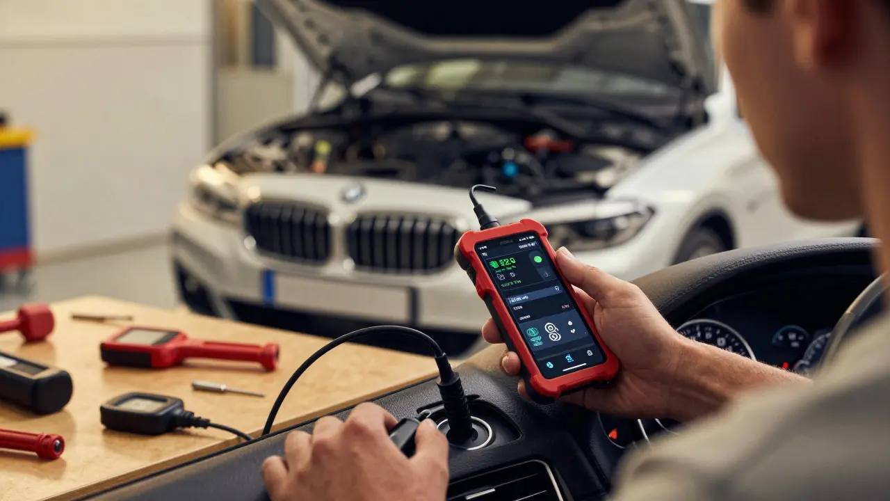 Osoba používá OBD2 čtečku k identifikaci motoru BMW přes telefon.