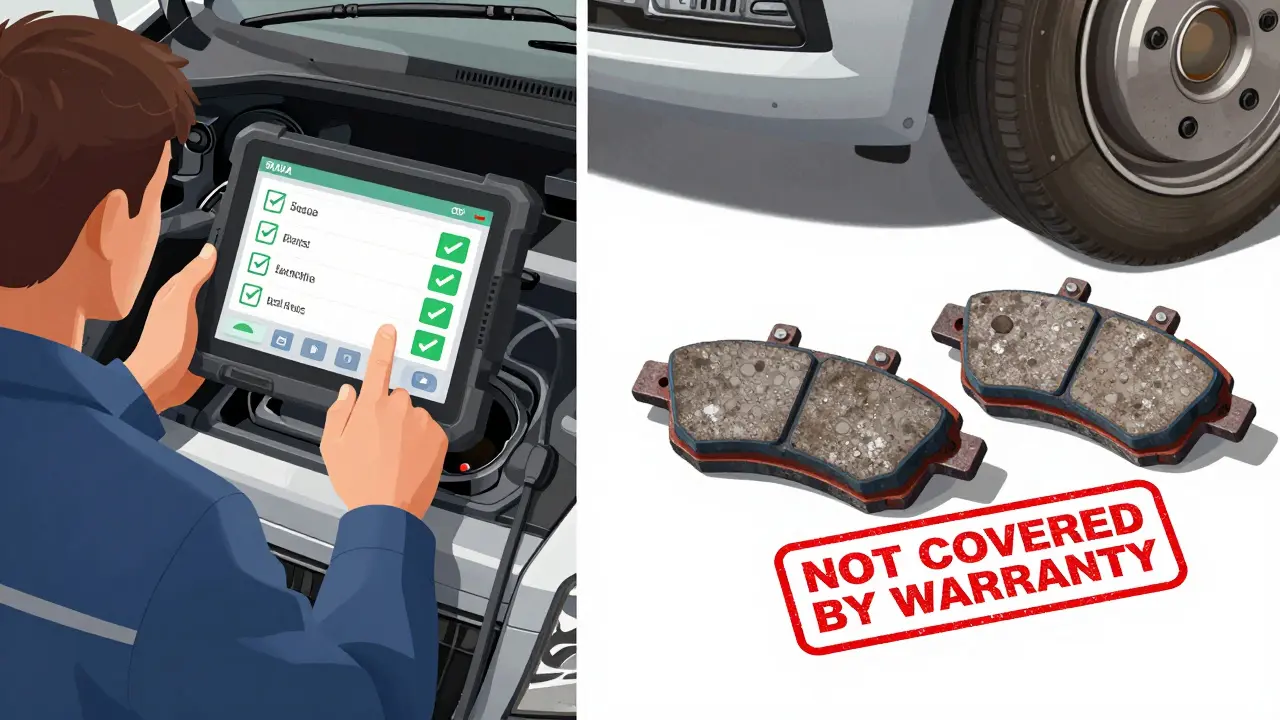 Porovnání opotřebovaných a nových brzdových destiček s označením nezahrnutého záručního pokrytí.