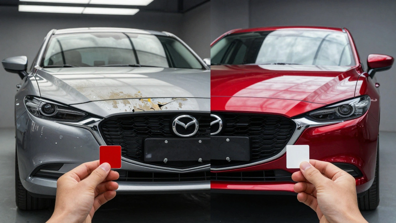 Porovnání špatného a kvalitního nátěru auta Mazda vedle sebe.