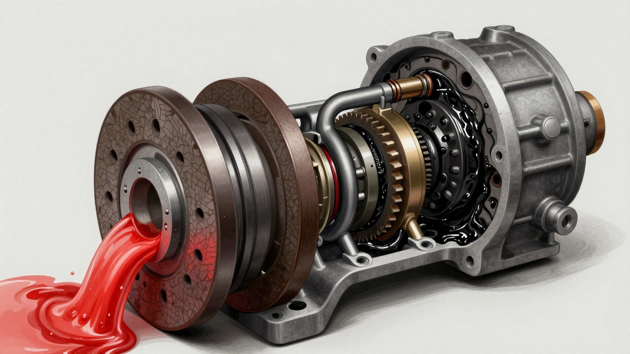 Přehled vnitřních částí automatické převodovky s čistým a znečištěným olejem v kontrastu.