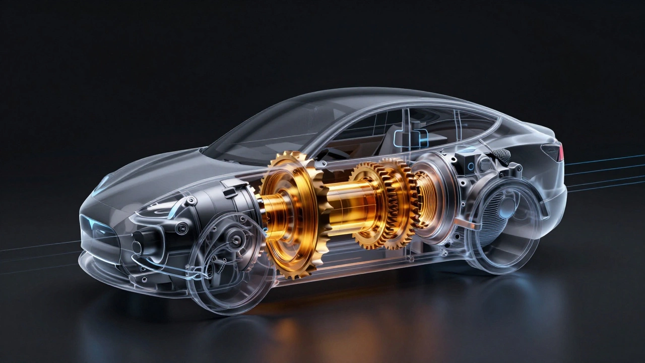 Průhledný pohled na elektrický pohon Tesly s ozubenými koly plnými oleje.