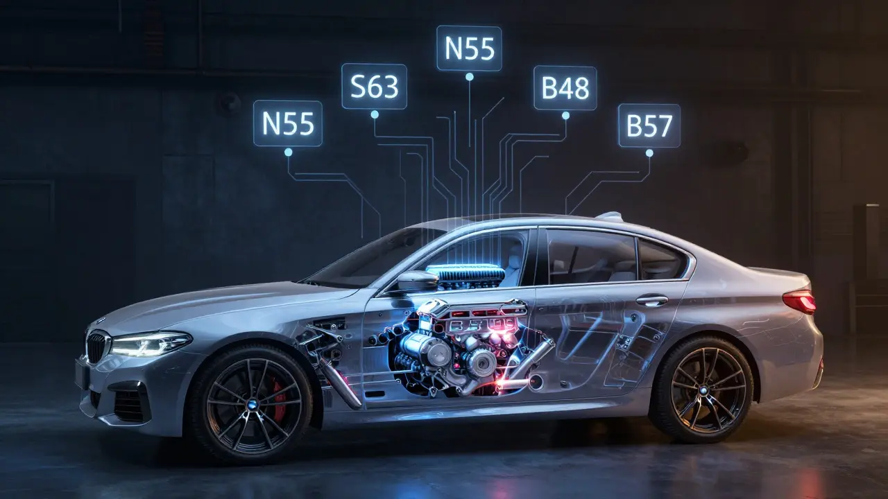 Průhledný vzhled BMW s vyznačenými typy motorů vnitřních komponent.