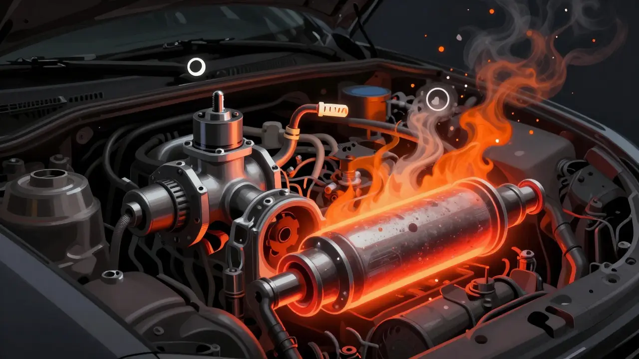 Průřez motoru s poškozenými součástkami – EGR ventil, senzor kyslíku a katalyzátor – vyzařujícími škodlivé emise.