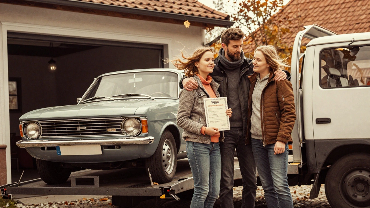 Rodina se loučí s Opellem, který je odvážen na přívěsu, listí se vrtí ve větru.