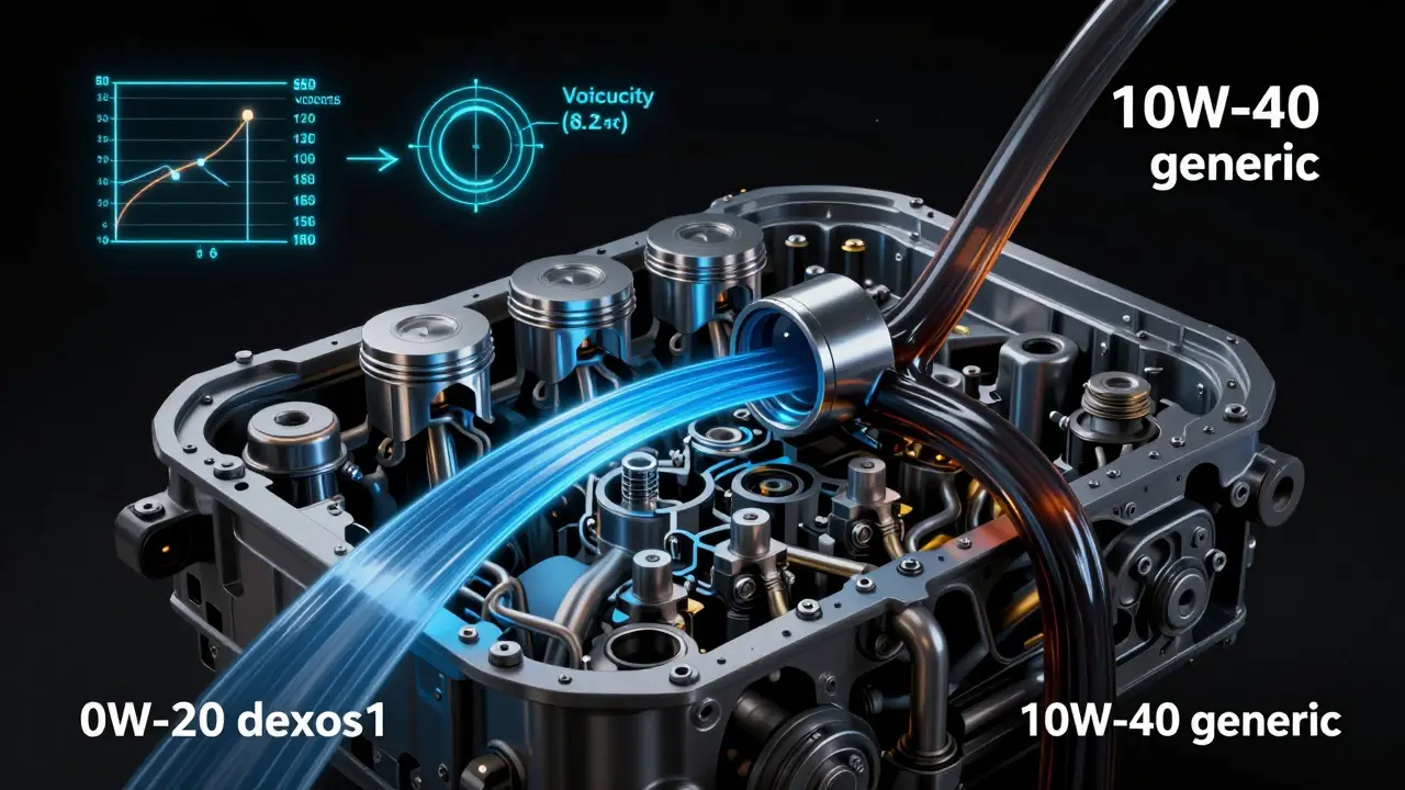 Rozříznutý motor s dvěma proudy oleje: tenký modrý pro správný olej a hustý tmavý pro špatný olej.