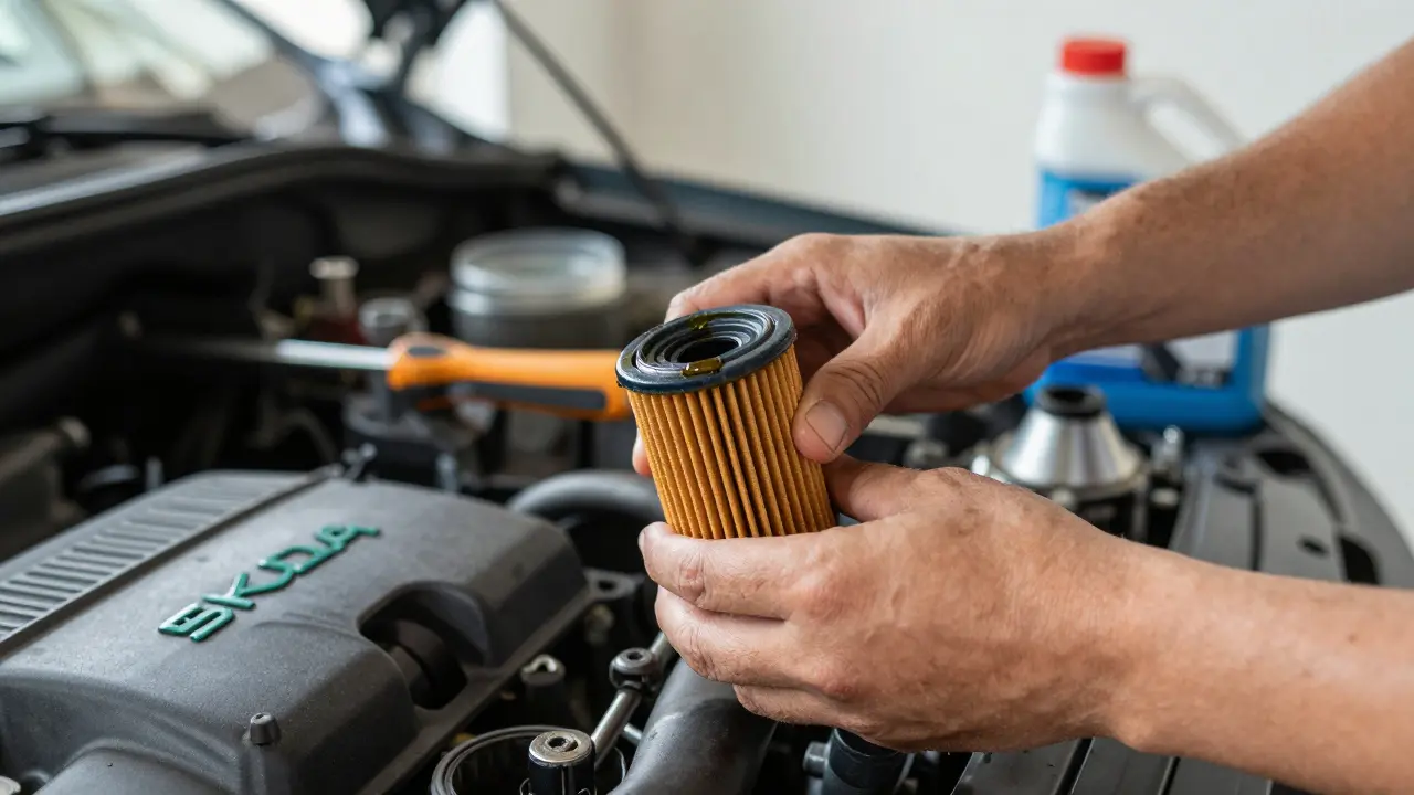 Ruce instalují nový olejový filtr na motor Škody s namazaným těsněním.
