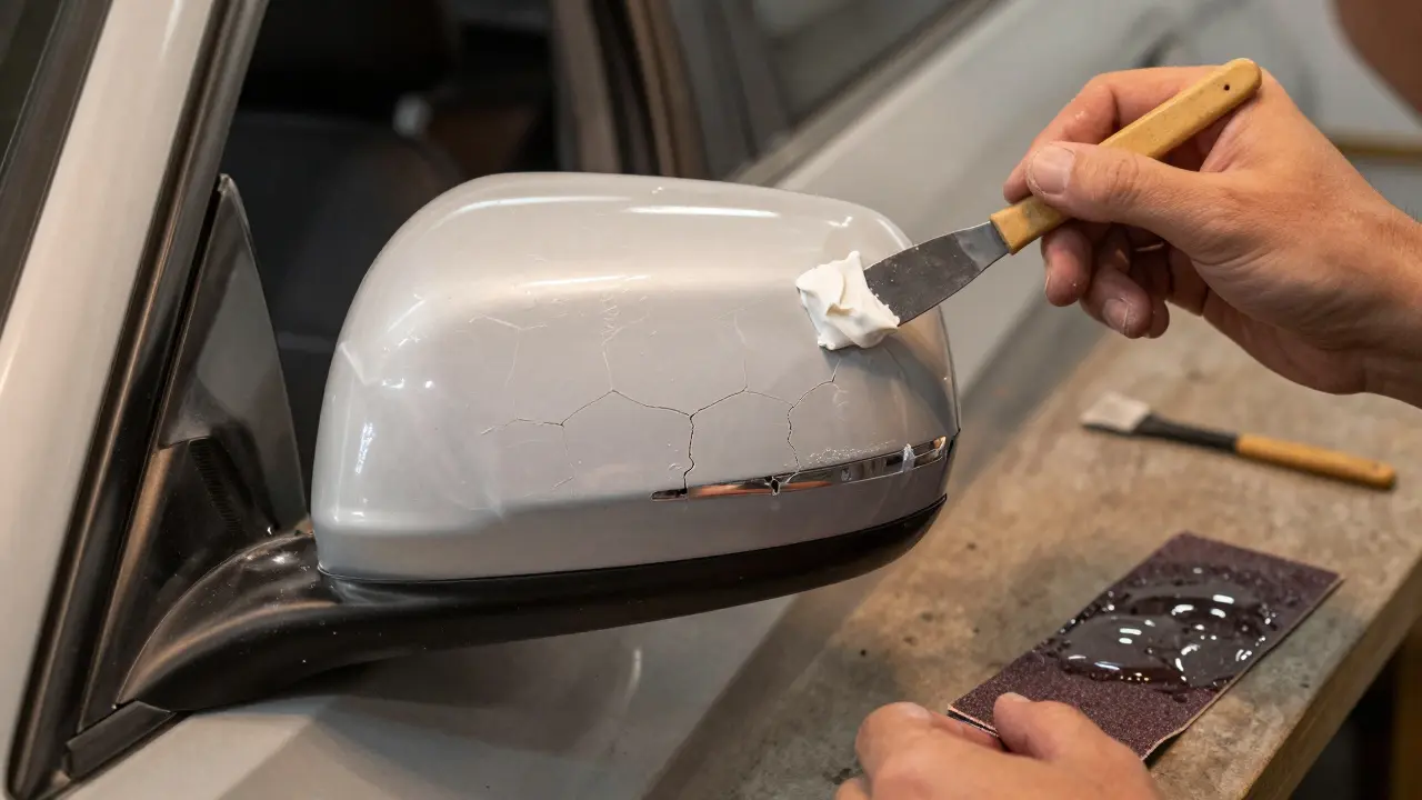 Ruka aplikující plastovou náplň na opravenou prasklinu na zrcátku auta.