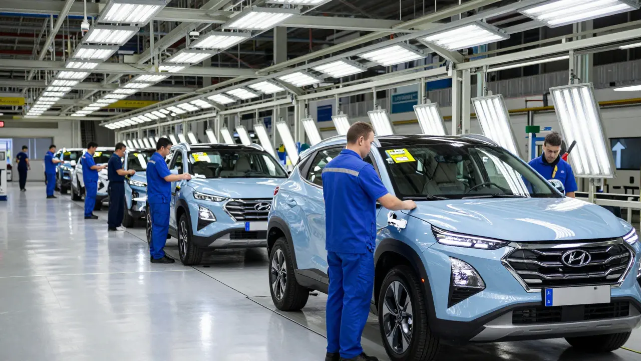 Slovenská výrobní linka Hyundai v Bratislavě s evropskými modely Tucson a Kona.