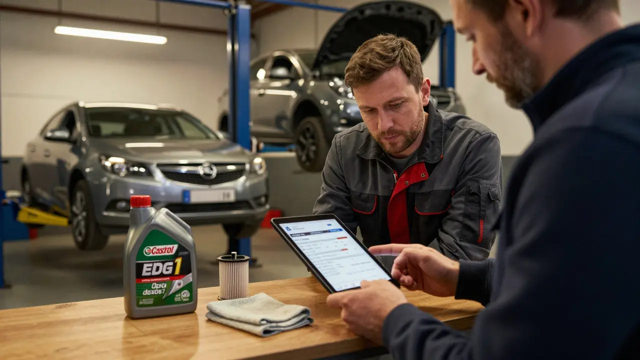 Technik v českém servisu skenuje VIN auta, na stolu je lahve s dexos1 olejem a nový filtr.