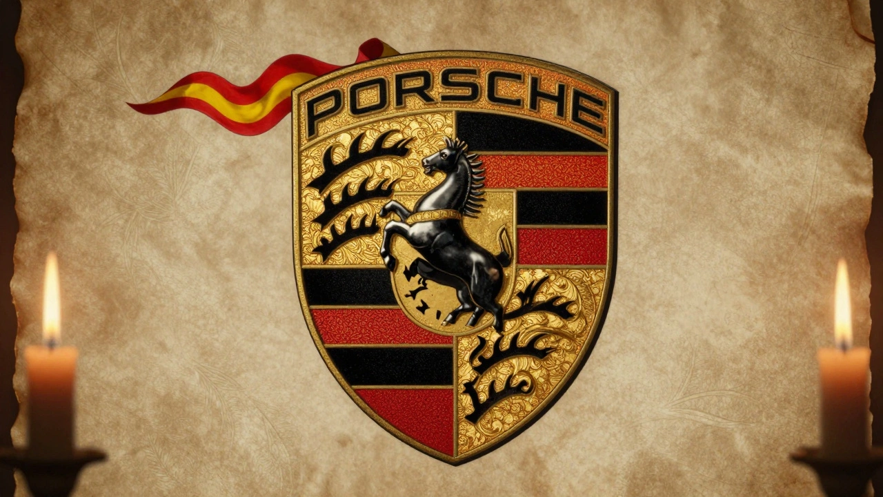 Vintage heraldický štít s emblémem Porsche, černý kůň, červeno-žluté a černo-červené pruhy, ozdobený zlatými motivy.