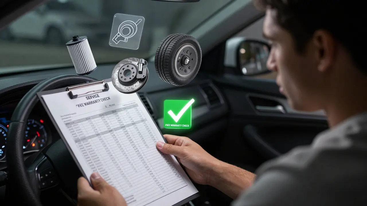 Vlastník auta si přečítá účet za servis s viditelnými náklady a označením zdarma garanční prohlídky.